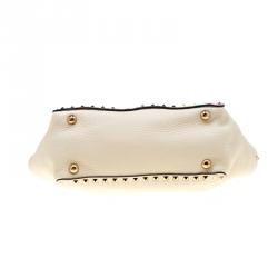 Pre Owned Valentino Al Campione/LightIvory Leather Rockstud Embroidered Tote
