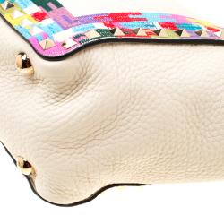 Pre Owned Valentino Al Campione/LightIvory Leather Rockstud Embroidered Tote