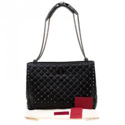 Pre Owned Valentino Black Quilted Crackled Leather Rockstud Spike Tote