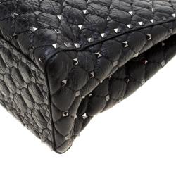 Pre Owned Valentino Black Quilted Crackled Leather Rockstud Spike Tote