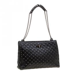Pre Owned Valentino Black Quilted Crackled Leather Rockstud Spike Tote