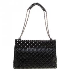 Pre Owned Valentino Black Quilted Crackled Leather Rockstud Spike Tote
