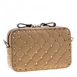 Pre Owned Valentino Camel Rose Quilted Leather Rockstud Spike Crossbody Bag