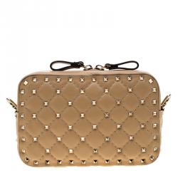Pre Owned Valentino Camel Rose Quilted Leather Rockstud Spike Crossbody Bag