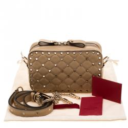Pre Owned Valentino Camel Rose Quilted Leather Rockstud Spike Crossbody Bag