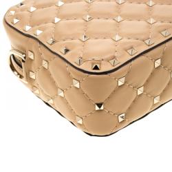 Pre Owned Valentino Camel Rose Quilted Leather Rockstud Spike Crossbody Bag