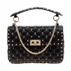Pre Owned Valentino Black Moncler Quilted Nylon Medium Rockstud Spike Chain Shoulder Bag