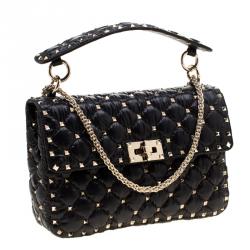 Pre Owned Valentino Black Moncler Quilted Nylon Medium Rockstud Spike Chain Shoulder Bag
