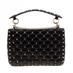 Pre Owned Valentino Black Moncler Quilted Nylon Medium Rockstud Spike Chain Shoulder Bag
