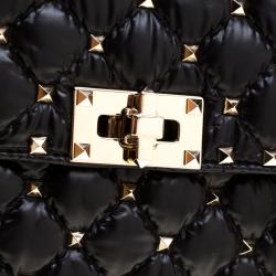 Pre Owned Valentino Black Moncler Quilted Nylon Medium Rockstud Spike Chain Shoulder Bag