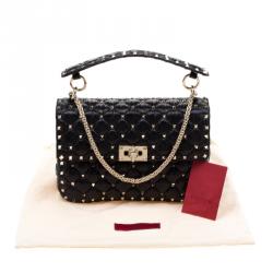 Pre Owned Valentino Black Moncler Quilted Nylon Medium Rockstud Spike Chain Shoulder Bag