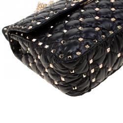 Pre Owned Valentino Black Moncler Quilted Nylon Medium Rockstud Spike Chain Shoulder Bag