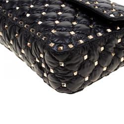 Pre Owned Valentino Black Moncler Quilted Nylon Medium Rockstud Spike Chain Shoulder Bag