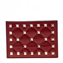 Pre Owned Valentino Rosso V. Quilted Soft Leather Rockstud Spike Card Holder