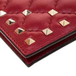 Pre Owned Valentino Rosso V. Quilted Soft Leather Rockstud Spike Card Holder