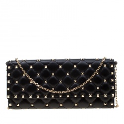 Pre Owned Valentino Black Quilted Leather Rockstud Chain Clutch