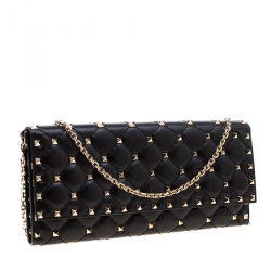 Pre Owned Valentino Black Quilted Leather Rockstud Chain Clutch