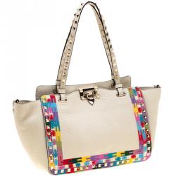 Pre Owned Valentino Al Campione/LightIvory Leather Rockstud Embroidered Tote