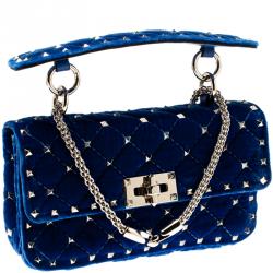 Pre Owned Valentino Acid Bluette Quilted Velvet Rockstud Spike Chain Shoulder Bag