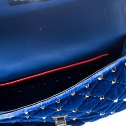 Pre Owned Valentino Acid Bluette Quilted Velvet Rockstud Spike Chain Shoulder Bag