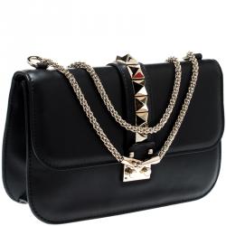 Pre Owned حقيبة كتف فالنتينو سلسلة قفل غليم كبيرة جلد سوداء
