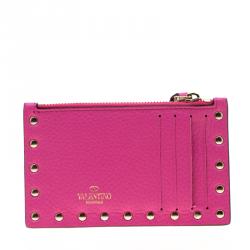 Pre Owned Valentino Pink Orchid Leather Rockstud Zip Wallet