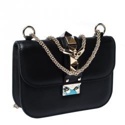 Pre Owned Valentino Black Leather Small Glam Lock Chain Shoulder Bag