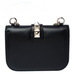Pre Owned Valentino Black Leather Small Glam Lock Chain Shoulder Bag