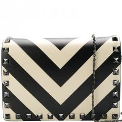 Pre Owned Valentino Light Ivory/Nero Leather V Stripe Mini Rockstud Shoulder Bag