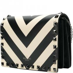 Pre Owned Valentino Light Ivory/Nero Leather V Stripe Mini Rockstud Shoulder Bag