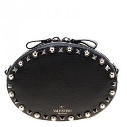 Pre Owned Valentino Black Leather Embroidered Guitar Rockstud Rolling Crossbody Bag