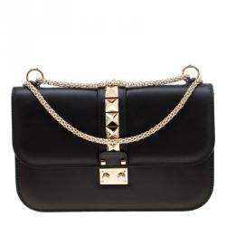 Valentino Black Leather Glam Lock Chain Shoulder Bag