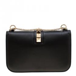 Valentino Black Leather Glam Lock Chain Shoulder Bag