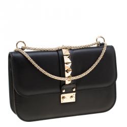 Valentino Black Leather Glam Lock Chain Shoulder Bag