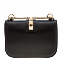 Pre Owned Valentino Black Leather Small Glam Lock Chain Shoulder Bag