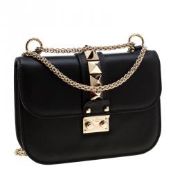 Pre Owned Valentino Black Leather Small Glam Lock Chain Shoulder Bag