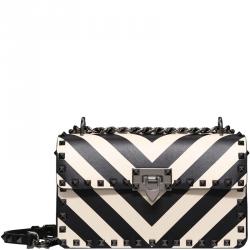 Pre Owned Valentino Light Ivory/Nero Striped Leather Rockstud Sliding Chain Shoulder Bag