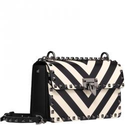 Pre Owned Valentino Light Ivory/Nero Striped Leather Rockstud Sliding Chain Shoulder Bag