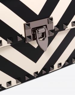 Pre Owned Valentino Light Ivory/Nero Striped Leather Rockstud Sliding Chain Shoulder Bag
