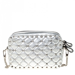Pre Owned Valentino Silver Soft Leather Rockstud Spike Crossbody Bag