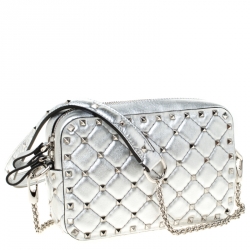 Pre Owned Valentino Silver Soft Leather Rockstud Spike Crossbody Bag