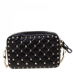 Pre Owned Valentino Black Quilted Leather Rockstud Spike Crossbody Bag