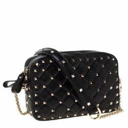 Pre Owned Valentino Black Quilted Leather Rockstud Spike Crossbody Bag