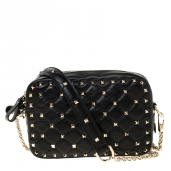 Pre Owned Valentino Black Quilted Leather Rockstud Spike Crossbody Bag