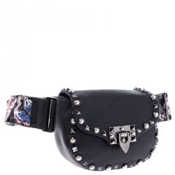 Pre Owned Valentino Black Leather Guitar Rockstud Rolling Belt Bag
