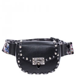 Pre Owned Valentino Black Leather Guitar Rockstud Rolling Belt Bag