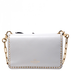 Pre Owned Valentino White Leather Bird Embroidered Studded Shoulder Bag