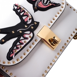 Pre Owned Valentino White Leather Bird Embroidered Studded Shoulder Bag