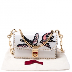 Pre Owned Valentino White Leather Bird Embroidered Studded Shoulder Bag