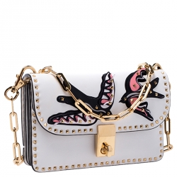 Pre Owned Valentino White Leather Bird Embroidered Studded Shoulder Bag